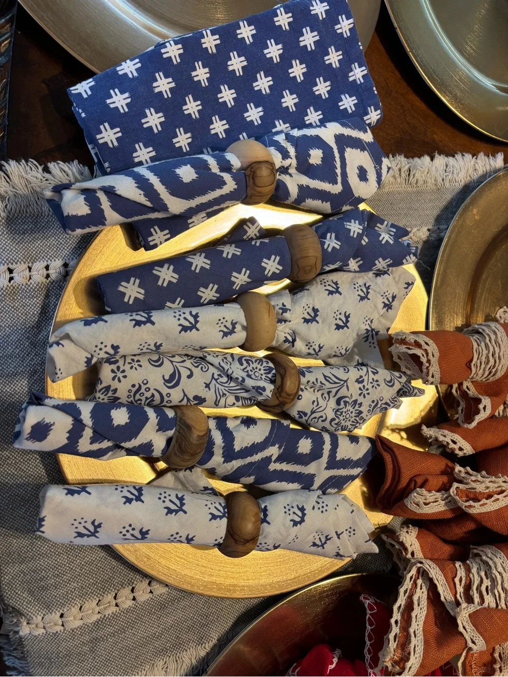 Gold Charger Plate Set with Mixed Cloth Napkins - Elegant Home Dining